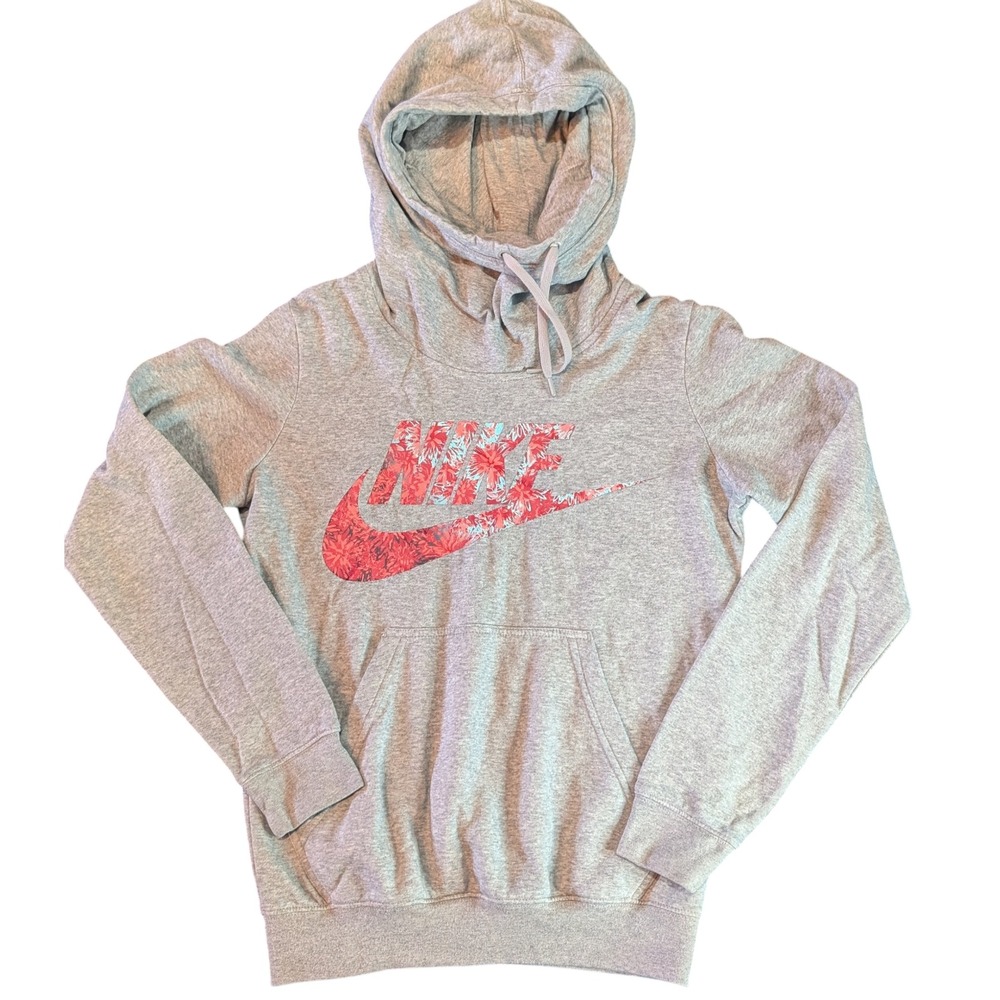Nike‎ Womens Funnel Neck Hoodie Heather Grey Floral Logo Pullover Sportswear